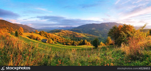 September rural scene in mountains. Autumn Carpathian panorama