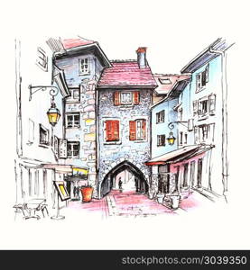 Sepulchre Gate in Old Town of Annecy, France. Color hand drawing, city view with Gorgeous medieval arch gate Sepulchre Gate on the street Rue Sainte-Claire in Old Town of Annecy, France. Picture made markers