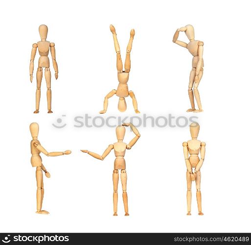 Sequence gestures articulated wooden mannequin isolated on a white background
