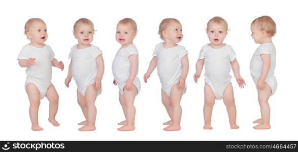 Sequence of a baby standing isolated on white background