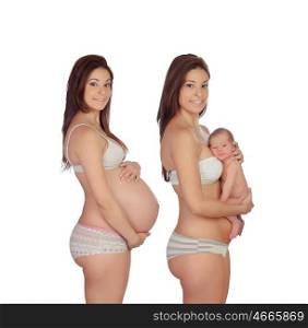 Sequence of a woman during the pregnancy and after with the baby isolated on a white background