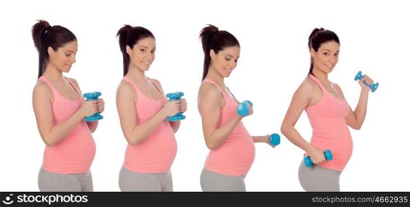 Sequence of four photos of pregnancy woman with dumbbells isolated on a white background