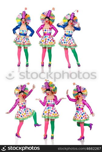 Sequence photos funny woman in clown isolated on a white background