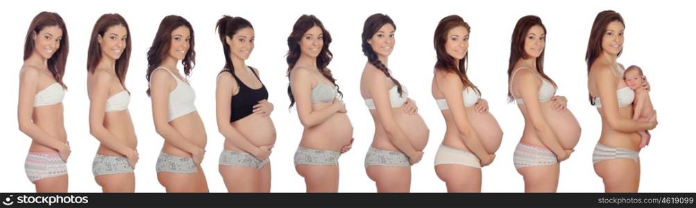 Sequence pictures of a woman during all months of pregnancy&#xA;