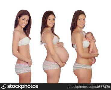 Sequence pictures of a woman during pregnancy isolated on a white background