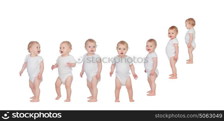 Sequence with a blond baby learning to walk isolated on a white background