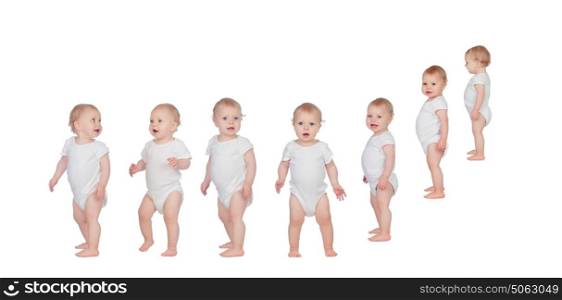 Sequence with a blond baby learning to walk isolated on a white background