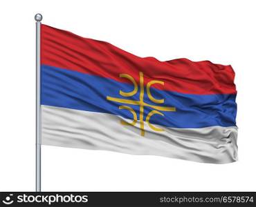 Serbia Nationalistic Flag On Flagpole, Isolated On White Background. Serbia Nationalistic Flag On Flagpole, Isolated On White