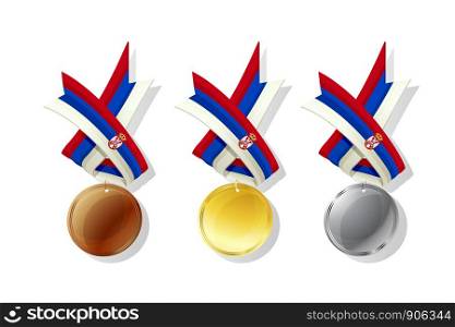 Serbian medals in gold, silver and bronze with national flag. Isolated vector objects over white background