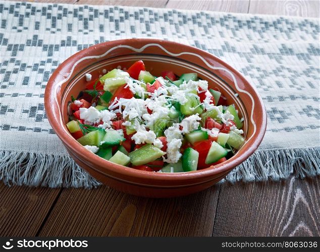 Serbian Salad - vegetable salad made from diced fresh tomatoes, cucumber,feta and onions