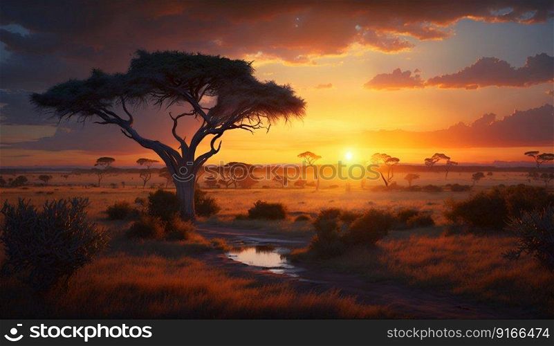 Seren≥ti savannah sunrise landscape. Ge≠rative AI. High quality illustration. Seren≥ti savannah sunrise landscape. Ge≠rative AI