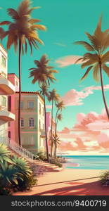 Serene Miami Beach Scene with Sunbathers. Generative ai. High quality illustration. Serene Miami Beach Scene with Sunbathers. Generative ai