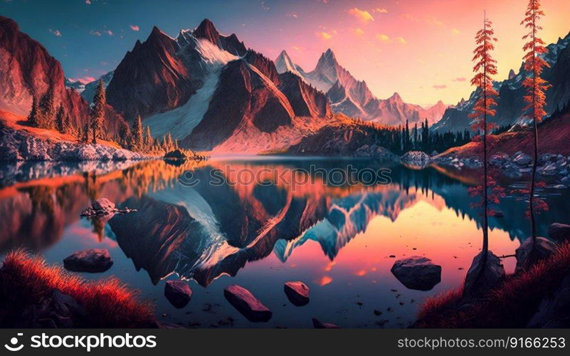 Serene mountain landscape background in sunrise. Generative AI. High quality illustration. Serene mountain landscape background in sunrise. Generative AI