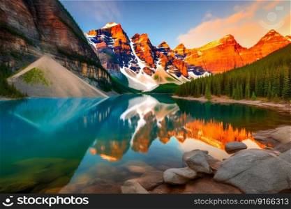Serene mountain landscape background in sunrise. Generative AI. High quality illustration. Serene mountain landscape background in sunrise. Generative AI