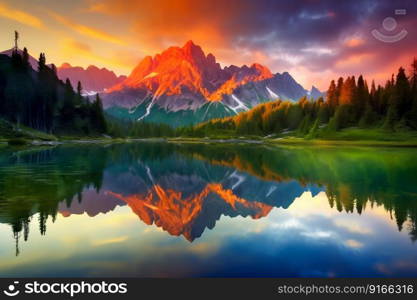 Serene mountain landscape background in sunrise. Generative AI. High quality illustration. Serene mountain landscape background in sunrise. Generative AI