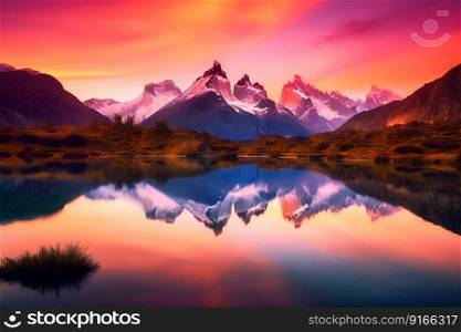Serene mountain landscape background in sunrise. Generative AI. High quality illustration. Serene mountain landscape background in sunrise. Generative AI