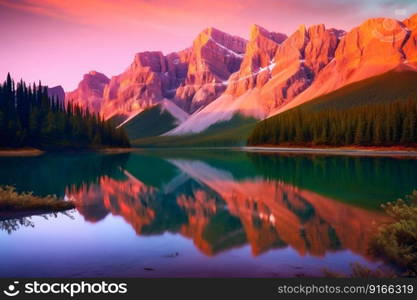 Serene mountain landscape background in sunrise. Generative AI. High quality illustration. Serene mountain landscape background in sunrise. Generative AI