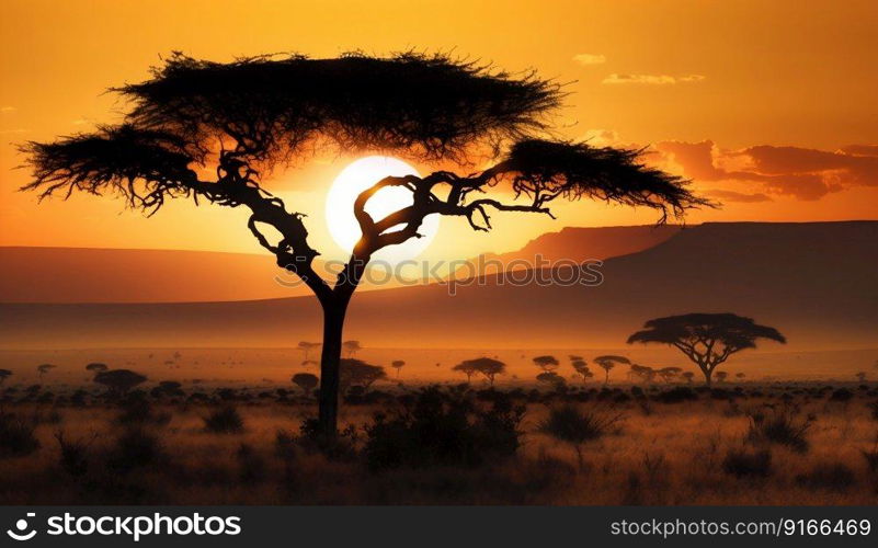 Serengeti savannah sunrise landscape. Generative AI. High quality illustration. Serengeti savannah sunrise landscape. Generative AI