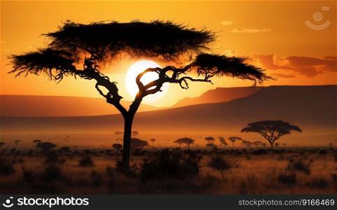 Serengeti savannah sunrise landscape. Generative AI. High quality illustration. Serengeti savannah sunrise landscape. Generative AI