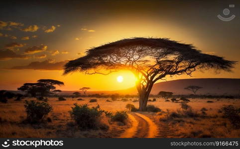 Serengeti savannah sunrise landscape. Generative AI. High quality illustration. Serengeti savannah sunrise landscape. Generative AI