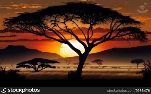 Serengeti savannah sunrise landscape. Generative AI. High quality illustration. Serengeti savannah sunrise landscape. Generative AI