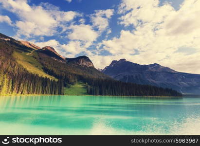 Serenity Emerald Lake in the Yoho National Park, Canada. Instagram filter