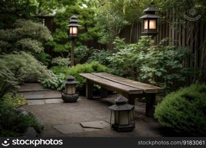 serenity garden with zen bench and lanterns for a peaceful escape, created with generative ai. serenity garden with zen bench and lanterns for a peaceful escape