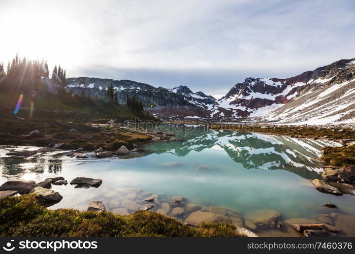 Serenity lake in the mountains in summer season. Beautiful natural landscapes.