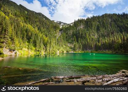 Serenity lake in the mountains in summer season. Beautiful natural landscapes.