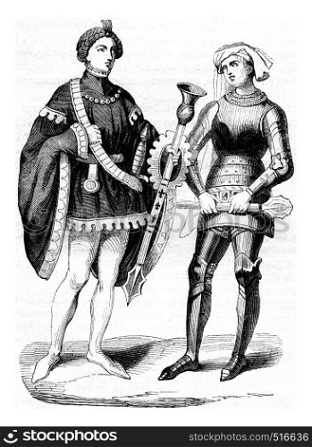 Sergeants of arms, vintage engraved illustration. Magasin Pittoresque 1844.