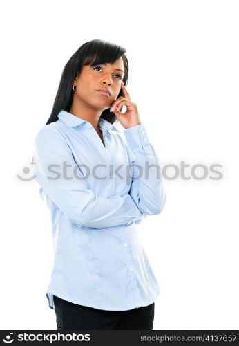 Serious black woman thinking isolated on white background