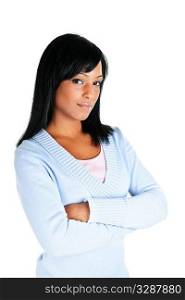 Serious black woman with arms crossed isolated on white background