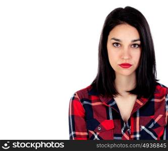 Serious brunette girl with red plaid shirt isolated on a white background