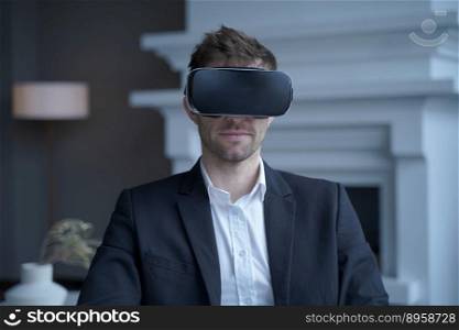 Serious businessman in black suit in VR headset on head working on project in augmented reality in office, male entrepreneur using innovative virtual reality glasses for work. 3d visualization concept. Serious businessman in black suit in VR headset on head working on project in augmented reality