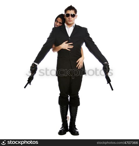 Serious couple with arms, isolated on white
