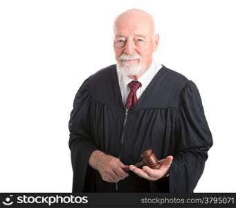 Serious dignified judge with gavel. Isolated on white.