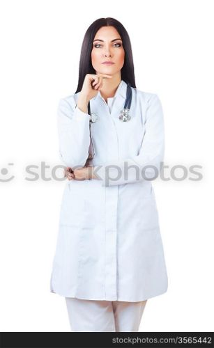 serious doctor with stethoscope on white background
