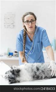 serious female veterinarian checking dog with stethoscope lying table
