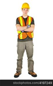 Serious male construction worker in safety vest and hard hat