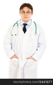 Serious medical doctor in uniform with eyeglasses isolated on white&#xA;