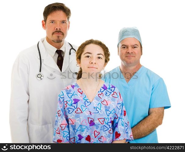 Serious medical team - doctor, surgeon, and nurse - isolated on white background.