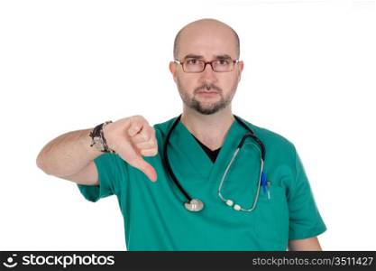 Serious medical with their thumbs down isolated on white background