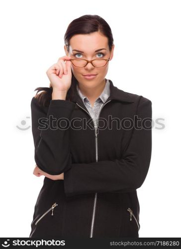 Serious Mixed Race Businesswoman Isolated on a White Background.