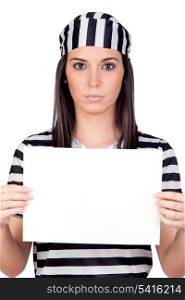Serious prisoner with blank paper isolated on a over white background