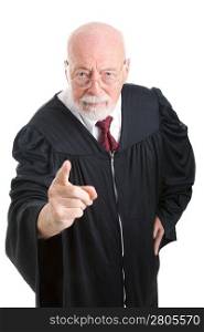 Serious, stern judge pointing his finger at the camera. Isolated on white.