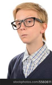 Serious teenage nerd boy wearing geek glasses against white background
