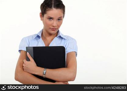Serious woman with laptop case
