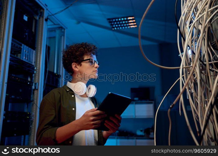 Serious young boy wearing headphones working in data center standing at open server rack cabinet and using mobile tablet to set up system. Serious young boy with tablet working in data center standing at open server rack cabinet