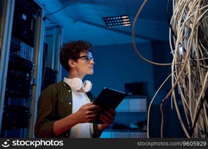 Serious young boy wearing headphones working in data center standing at open server rack cabinet and using mobile tablet to set up system. Serious young boy with tablet working in data center standing at open server rack cabinet