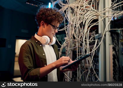 Serious young IT man wearing headphones working in data center standing at open server rack cabinet and using mobile tablet to set up system. Serious young IT man working in data center standing at open server rack cabinet